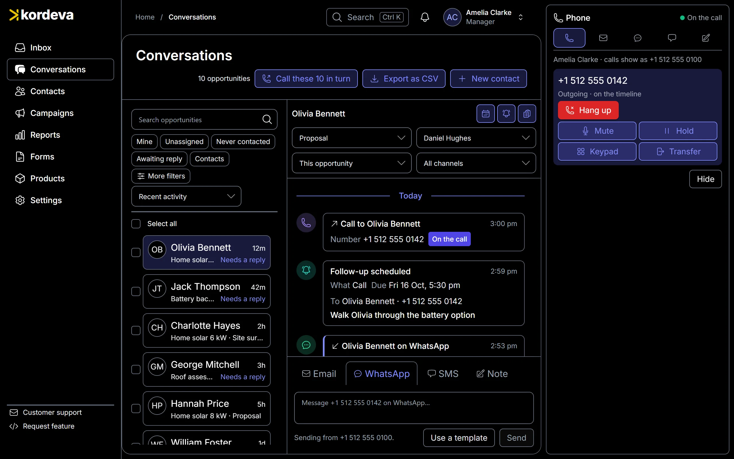 A call in progress in Kordeva, with the lead’s recent messages on screen