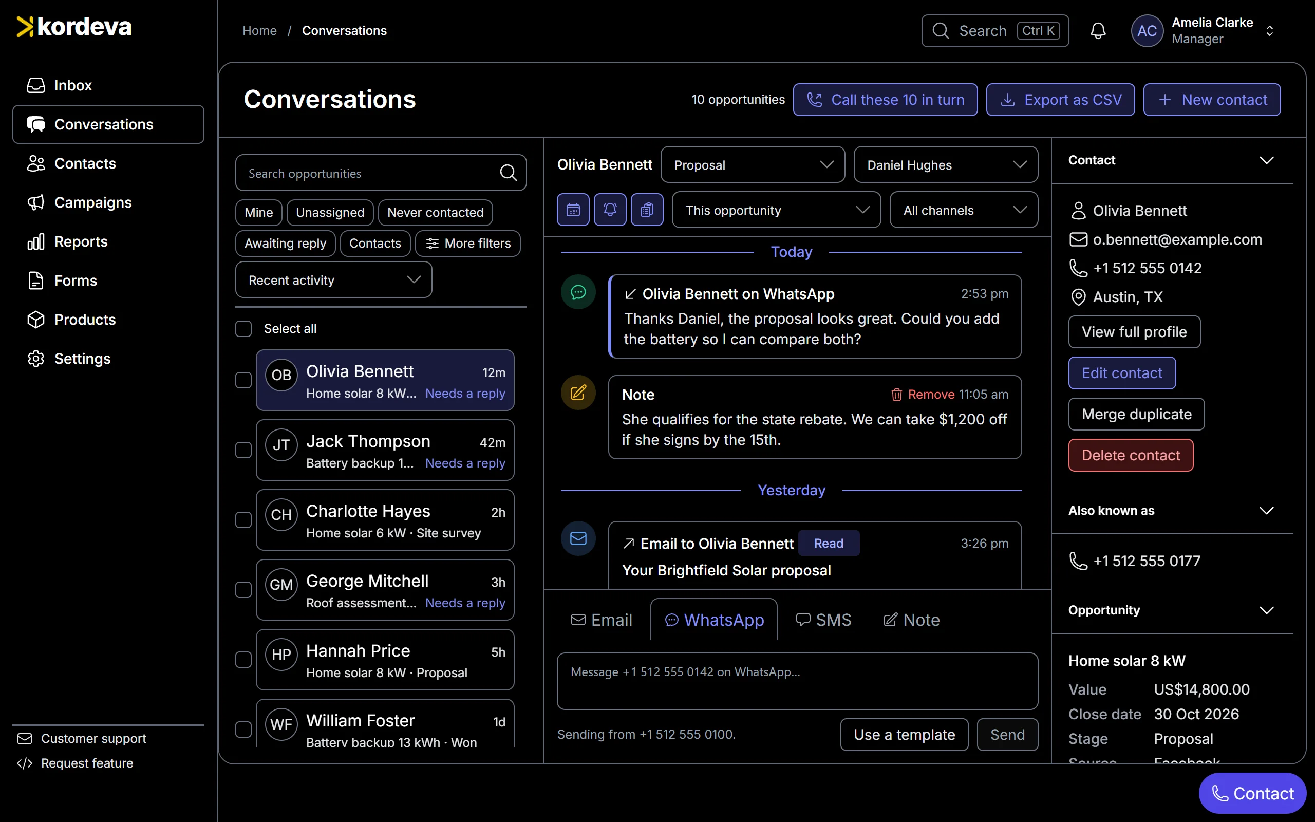 Kordeva showing one lead’s WhatsApp messages, a note and an email on a single timeline, beside the list of leads