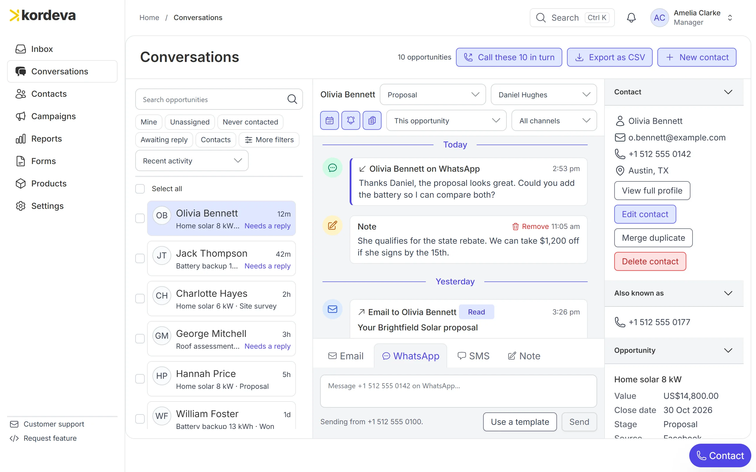 Kordeva showing one lead’s WhatsApp messages, a note and an email on a single timeline, beside the list of leads