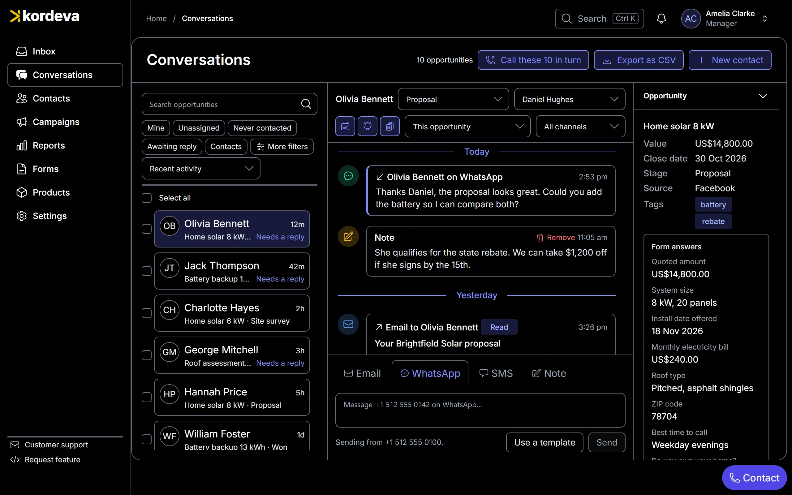 A lead’s conversation in Kordeva beside the deal’s value, close date, stage and owner