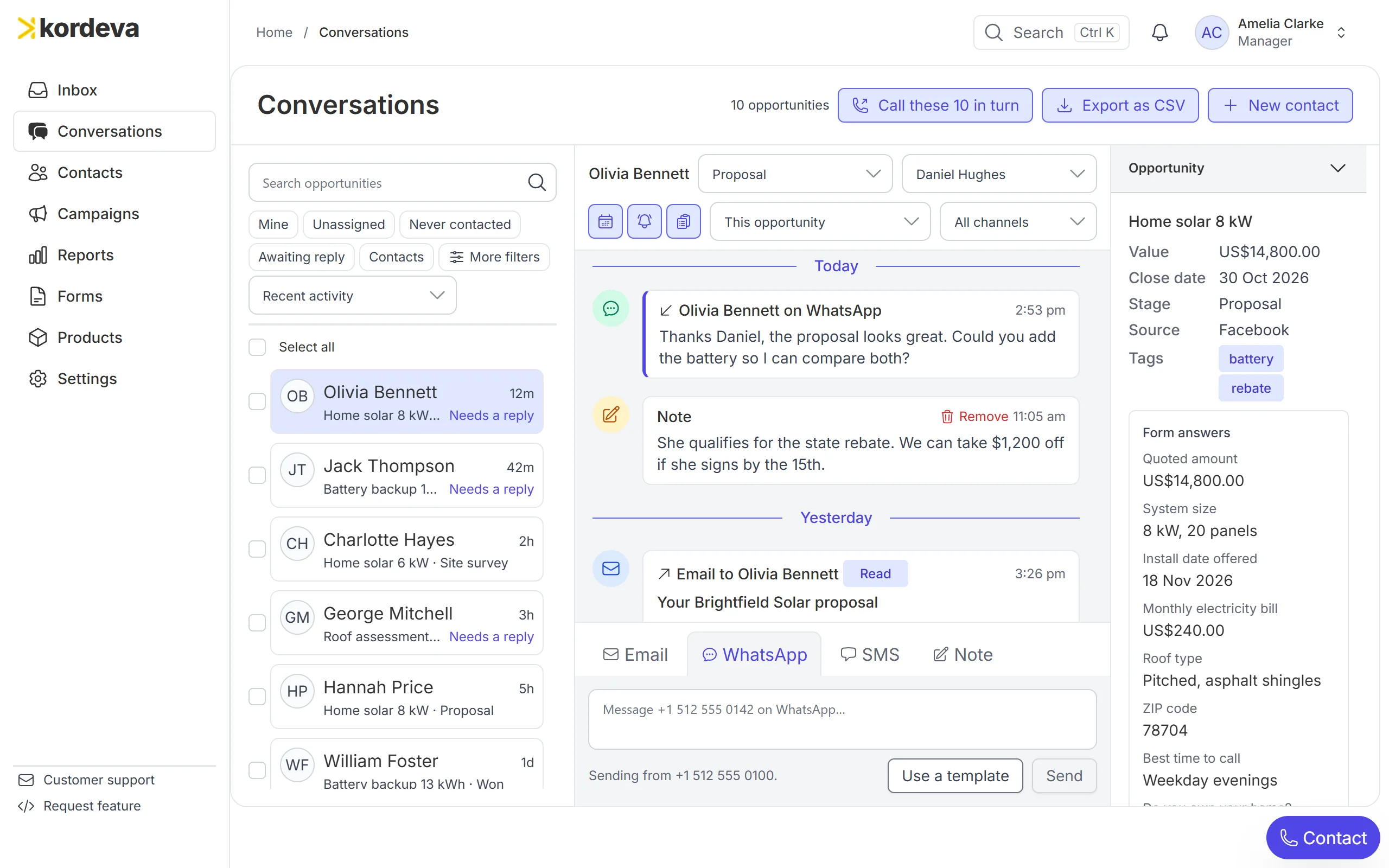 A lead’s conversation in Kordeva beside the deal’s value, close date, stage and owner