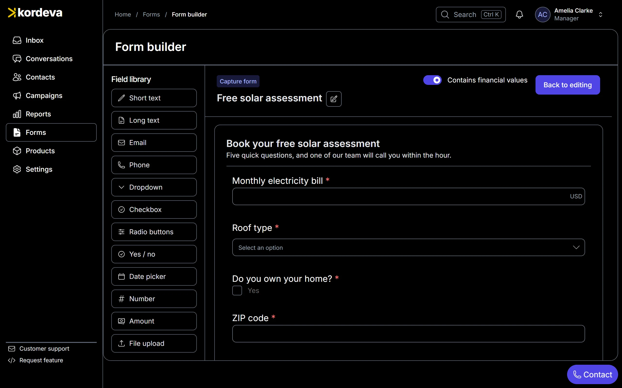Building a lead form for a free solar assessment in Kordeva