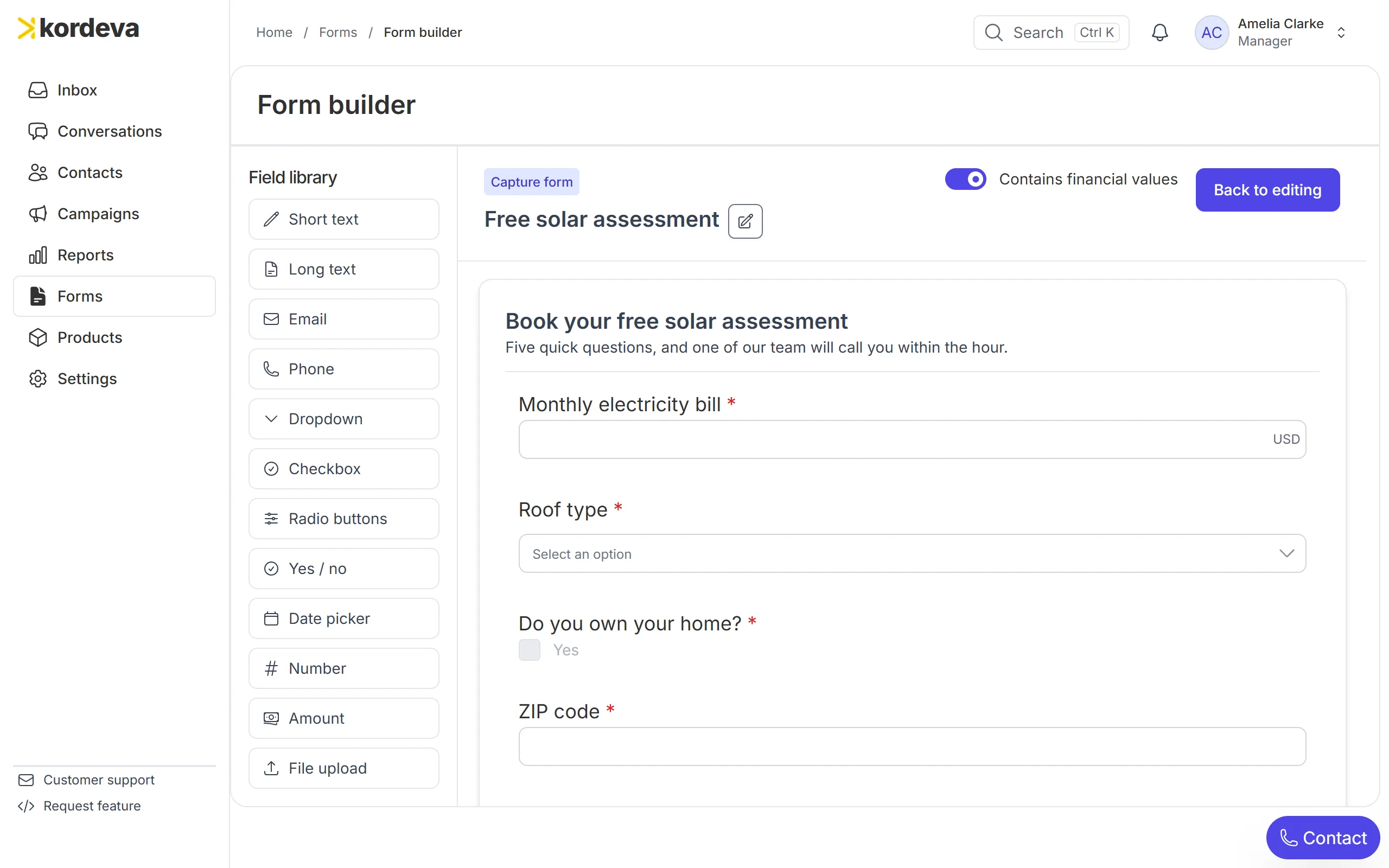 Building a lead form for a free solar assessment in Kordeva