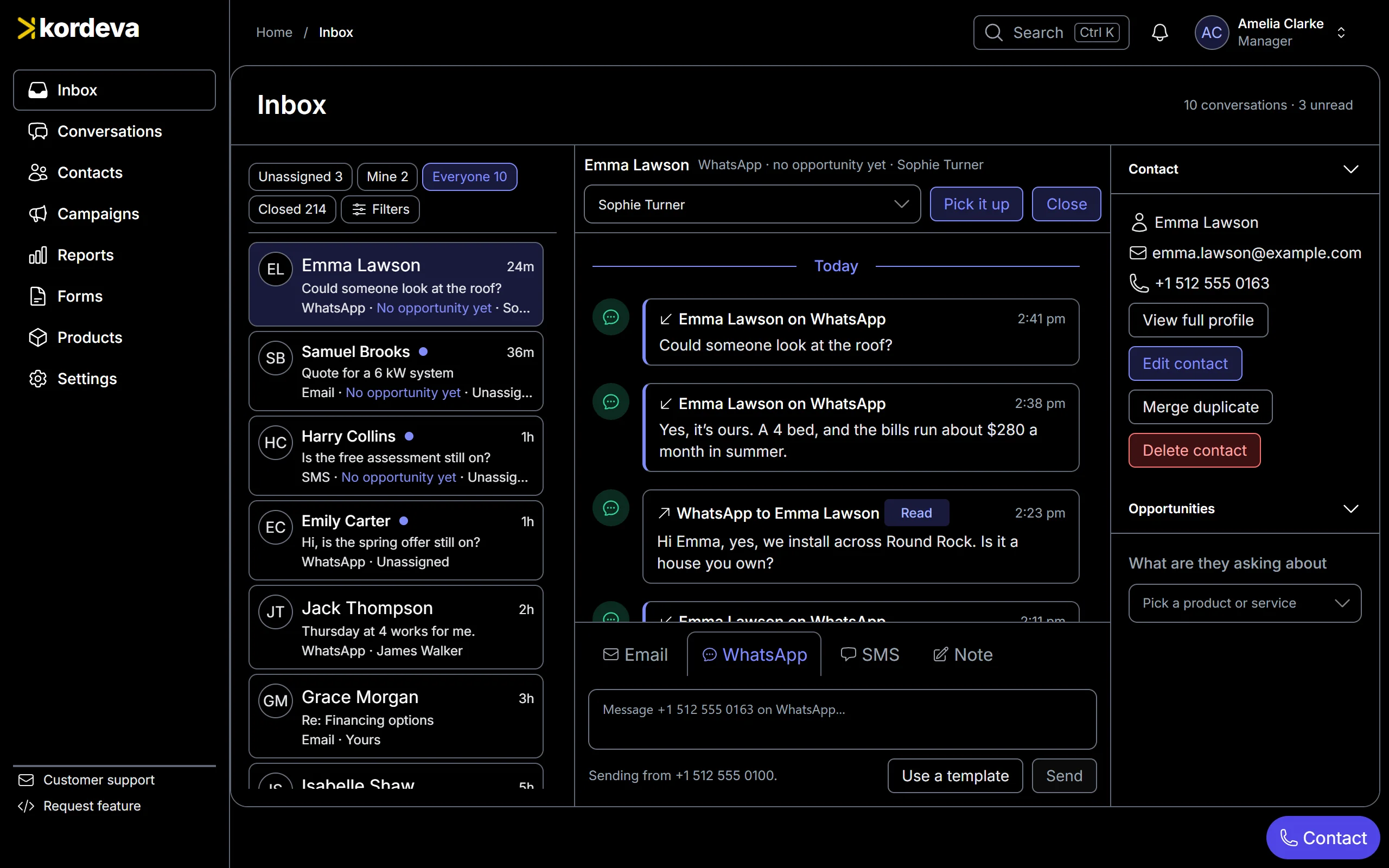 The Kordeva team inbox with waiting conversations and an open WhatsApp chat