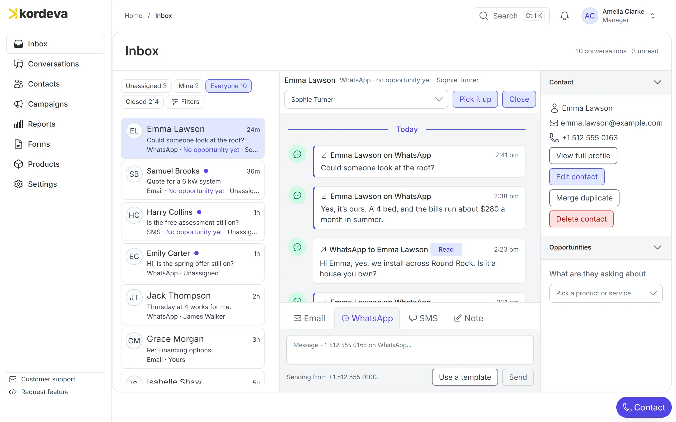 The Kordeva team inbox with waiting conversations and an open WhatsApp chat