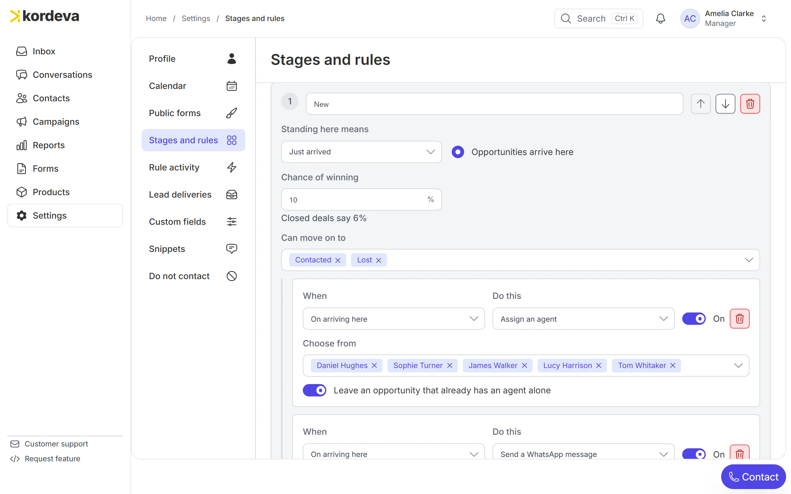 An automatic step in Kordeva that gives every new lead an owner and sends a WhatsApp message
